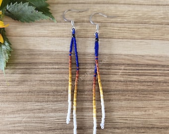 Blue Rustic Rainbow Ombre Shorter Minimalist Danglers Seed Bead Fringe Earrings