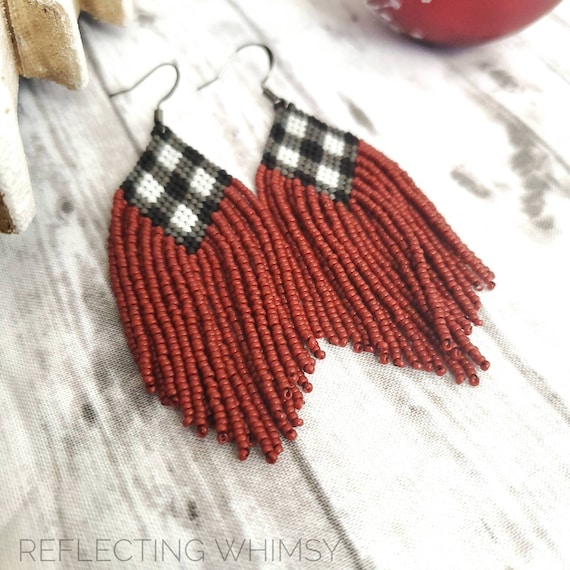 Buffalo Plaid Red Seed Beaded Fringe Earrings Etsy Australia