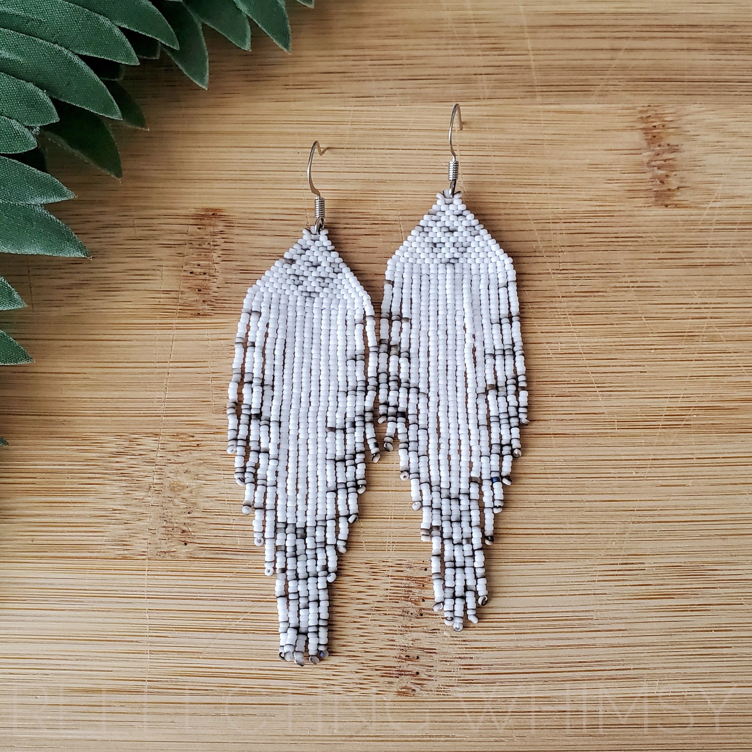 Snow Owl Seed Bead Fringe Earrings: Handmade Boho Jewelry