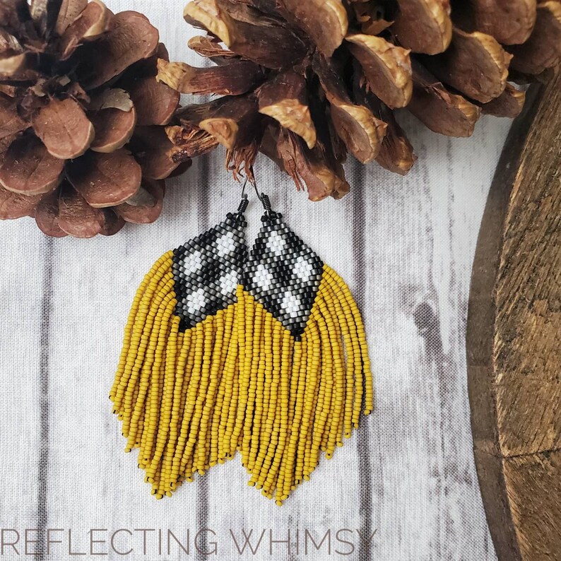 Buffalo Plaid Mustard Yellow Seed Bead Fringe Earrings Etsy