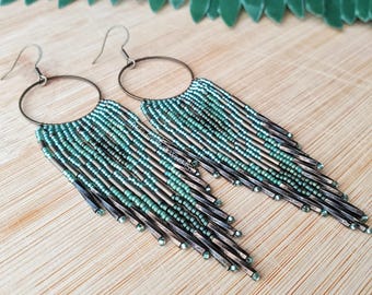 Bronze & Sage Fringed Hoops Seed Bead Earrings, Meadow Collection