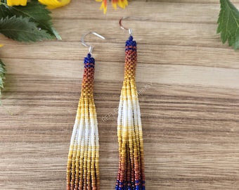 Blue Rustic Rainbow Striped Tassels Seed Bead Fringe Earrings, the Falling Slowly Collection
