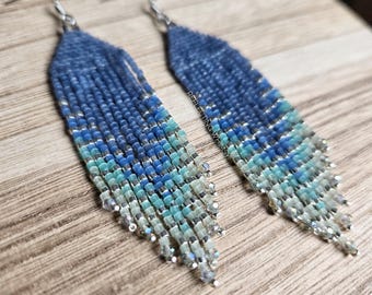 Blue and Teal Ombre Mermaid Seed Bead Fringe Earrings