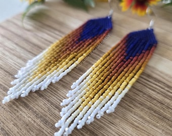Blue Rustic Rainbow Ombre Seed Bead Fringe Earrings