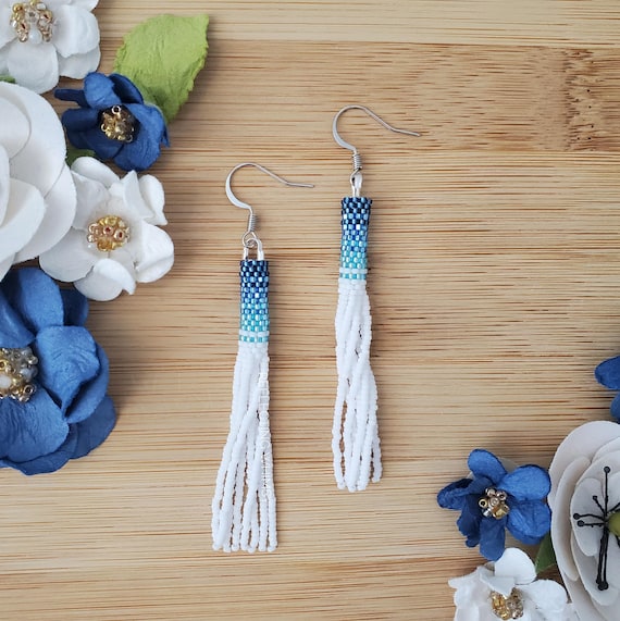 White and Blue Shorter Ombre Tassels Seed Bead Fringe Earrings