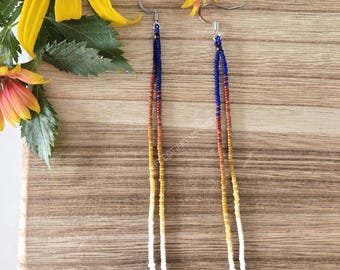 Blue Rustic Rainbow Ombre Longer Minimalist Danglers Seed Bead Fringe Earrings