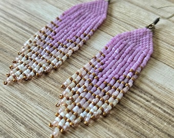 Rose Pink Mermaid Seed Bead Fringe Earrings