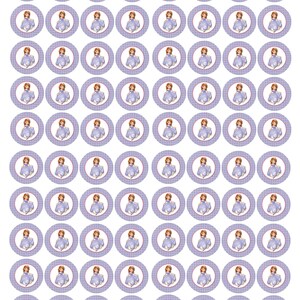 Może przedstawiać: Arkusz 64 okrągłych naklejek z kreskówkową księżniczką w fioletowej sukience i koronie. Naklejki mają fioletowo-białe szachownice w tle.