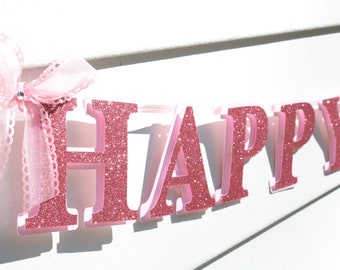 Birthday Banner - Girls Pink Birthday Decorations - First Birthday Girl Banner  - Happy Birthday Decorations
