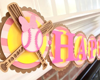 Softball Birthday Banner - Pink Softball Themed Birthday Decorations - Sporty Girl Party - Softball Birthday Decorations