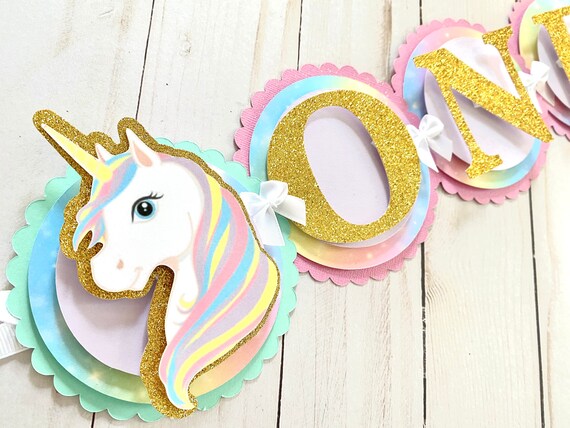 Rainbow Unicorn Birthday Banner - Pastel Rainbow Unicorn Banner - First Birthday Banner Il_570xn