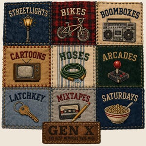 May include: A square fabric quilt patch featuring nine smaller squares with embroidered illustrations and text: STREETLIGHTS, BIKES, BOOMBOXES, CARTOONS, HOSES, ARCADES, LATCHKEY, MIXTAPES, and SATURDAYS. A bottom rectangular patch reads GEN X THE BEST MEMORIES WERE MADE.