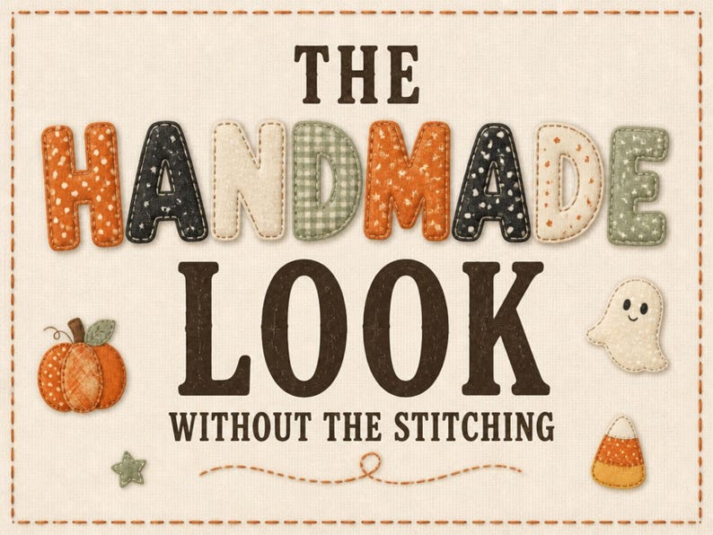 May include: A graphic design featuring the text THE HANDMADE LOOK WITHOUT THE STITCHING in brown and patterned letters. The image includes a small orange pumpkin, a white ghost, a green star, and a piece of candy corn on a cream background.
