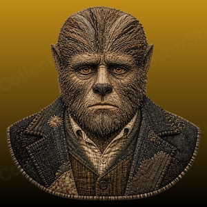 May include: A detailed bust of a werewolf character with brown fur, pointed ears, and amber eyes. The figure wears a dark, textured blazer with visible patches and stitching over a button-down shirt. The artwork features a brown and gold gradient background.