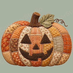 May include: A quilted fabric pumpkin decoration featuring a patchwork design of orange, brown, and cream fabrics with floral, plaid, and striped patterns. It has a dark brown stem, a green fabric leaf, and a dark brown stitched jack-o'-lantern face.