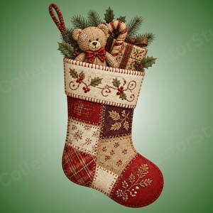 May include: A Christmas stocking featuring a patchwork design in shades of red, cream, and brown. The cuff is decorated with embroidered holly and berries. Inside are a plush teddy bear with a red bow, a candy cane, and pine branches.