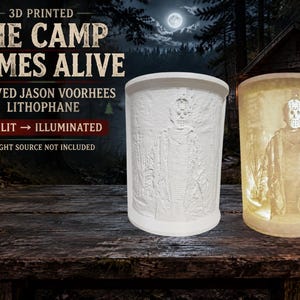 May include: A 3D printed curved lithophane featuring Jason Voorhees. The text reads: 3D PRINTED THE CAMP COMES ALIVE CURVED JASON VOORHEES LITHOPHANE UNLIT → ILLUMINATED LIGHT SOURCE NOT INCLUDED. One version is shown unlit and one is illuminated.