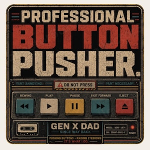 May include: A rectangular graphic print featuring the text PROFESSIONAL BUTTON PUSHER in bold red and beige letters. Below, a control panel displays buttons labeled REWIND, PLAY, PAUSE, FAST FORWARD, and EJECT, with a cassette icon and GEN X DAD text.