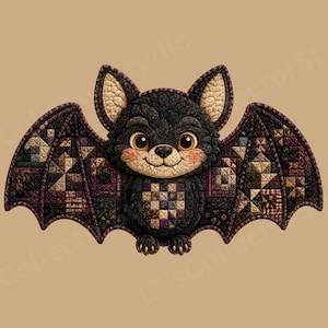 May include: A stylized bat illustration featuring a patchwork quilt design. The bat has large amber eyes, a small snout with two visible fangs, and wings composed of various dark-toned geometric fabric squares in shades of black, brown, and purple.