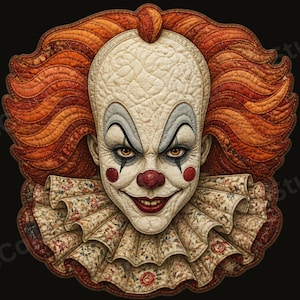 May include: A quilted wall hanging featuring a clown face with bright orange hair, a pale textured complexion, yellow eyes, and red accents. The clown wears a ruffled collar with a floral pattern against a dark background with visible stitching.