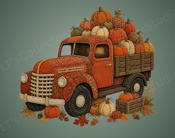 Fall Pumpkin Truck PNG | Classic Patchwork Autumn Pickup Art
