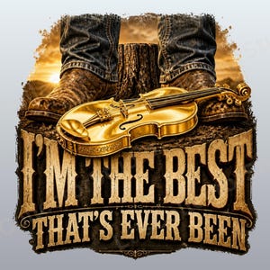 May include: A graphic design featuring a golden violin resting on a tree stump between two legs wearing blue denim jeans and brown leather boots. The text reads I'M THE BEST THAT'S EVER BEEN in a weathered, gold-toned, serif font style.