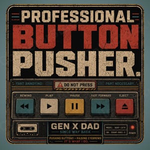 May include: A rectangular sign with a distressed finish featuring the text PROFESSIONAL BUTTON PUSHER. Below, a control panel graphic includes buttons labeled REWIND, PLAY, PAUSE, FAST FORWARD, EJECT, and text reading GEN X DAD SINCE WAY BACK.