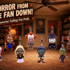 May include: A collection of seven horror-themed ceiling fan pulls featuring miniature character figures including clowns, a doll, a masked figure, and a zombie. Each figure is attached to a silver-toned metal chain and a small lobster claw clasp.
