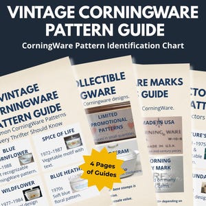 Może przedstawiać: Czterostronicowy przewodnik po wzorach i tabela identyfikacji CorningWare vintage, zawierająca tekst i obrazy różnych wzorów naczyń kuchennych. Dokument zawiera nagłówki takie jak Vintage CorningWare Pattern Guide, Collectible CorningWare i Ware Marks Guide oraz żółtą grafikę w kształcie gwiazdy z napisem 4 Pages of Guides.