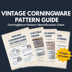 May include: A set of vintage CorningWare pattern guides, detailing various designs such as Blue Cornflower and Wildflower. The guides are displayed against a dark blue backdrop and feature the text "Vintage CorningWare Pattern Guide".