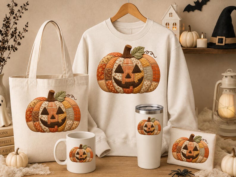 May include: A cream-coloured sweatshirt, a canvas tote bag, a ceramic mug, a stainless steel tumbler, and a small rectangular pouch, each featuring a graphic of a patchwork-style jack-o'-lantern pumpkin with orange, brown, and yellow fabric patterns.