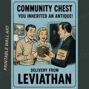 Op de afbeelding: Een poster in vintage-stijl met de titel COMMUNITY CHEST YOU INHERITED AN ANTIQUE! met een man en vrouw die een puzzeldoos ontvangen van een man in pak met een ESTATE SETTLEMENT-map. Een donker figuur staat in een deuropening op de achtergrond.