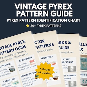 May include: A four-page vintage Pyrex pattern guide featuring an identification chart with over 30 patterns. The document includes text headers like VINTAGE PYREX PATTERN GUIDE, lists names such as Butterprint, Gooseberry, and Friendship, and displays small images of various bowls.