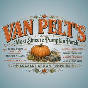 Pode incluir: Um design gráfico com o texto VAN PELT'S MOST SINCERE PUMPKIN PATCH em laranja e verde escuro. Uma abóbora laranja central está ao lado de um cobertor xadrez dobrado. O texto inclui FAMILY OWNED SINCE 1966 e LOCALLY GROWN PUMPKINS.