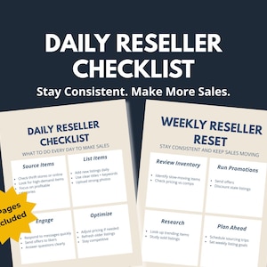 May include: A digital checklist titled "Daily Reseller Checklist" and "Weekly Reseller Reset" on a dark blue background. The checklists provide actionable steps for online sellers to stay consistent and make more sales. Includes "2 Pages Included" graphic.