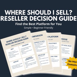 May include: A reseller decision guide titled "WHERE SHOULD I SELL?" with platform comparisons. The guide includes sections on eBay, Poshmark, Mercari, and Facebook Marketplace, with a "No More Guessing" graphic.