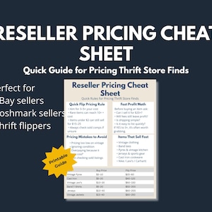 Op de afbeelding: Een donkerblauwe afbeelding met de tekst "RESELLER PRICING CHEAT SHEET" en "Quick Guide for Pricing Thrift Store Finds." Bevat een gids voor eBay-, Poshmark- en kringloopverkopers, met prijsregels en items die snel verkopen.