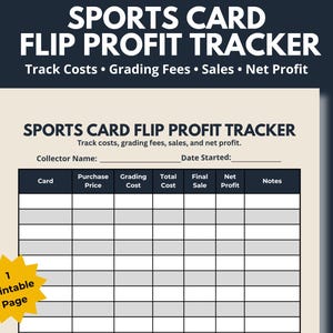 May include: A printable sports card flip profit tracker document on a cream background. The form includes fields for collector name and date, with a table featuring columns for card, purchase price, grading cost, total cost, final sale, net profit, and notes.