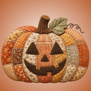 May include: A quilted fabric pumpkin decoration featuring a patchwork design of various orange, brown, and cream floral and plaid patterns. It has a dark brown stem, a green fabric leaf, a curled vine, and a dark brown stitched jack-o'-lantern face.