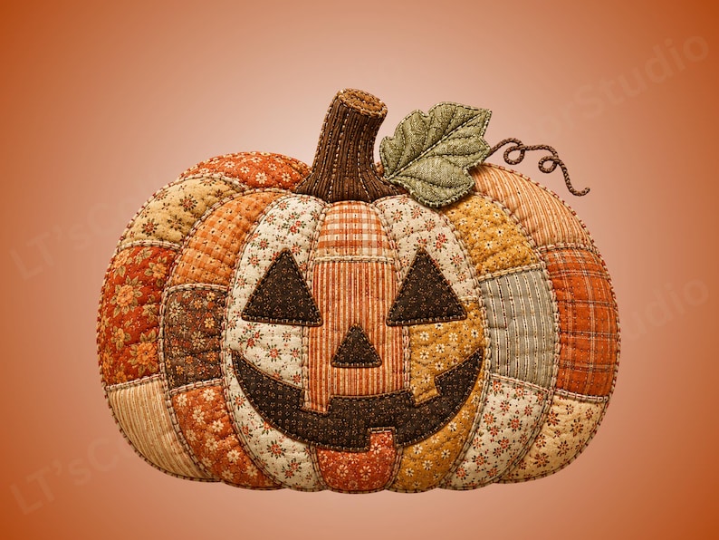 May include: A quilted fabric pumpkin decoration featuring a patchwork design of various orange, brown, and cream floral and plaid patterns. It has a dark brown stem, a green fabric leaf, a curled vine, and a dark brown stitched jack-o'-lantern face.