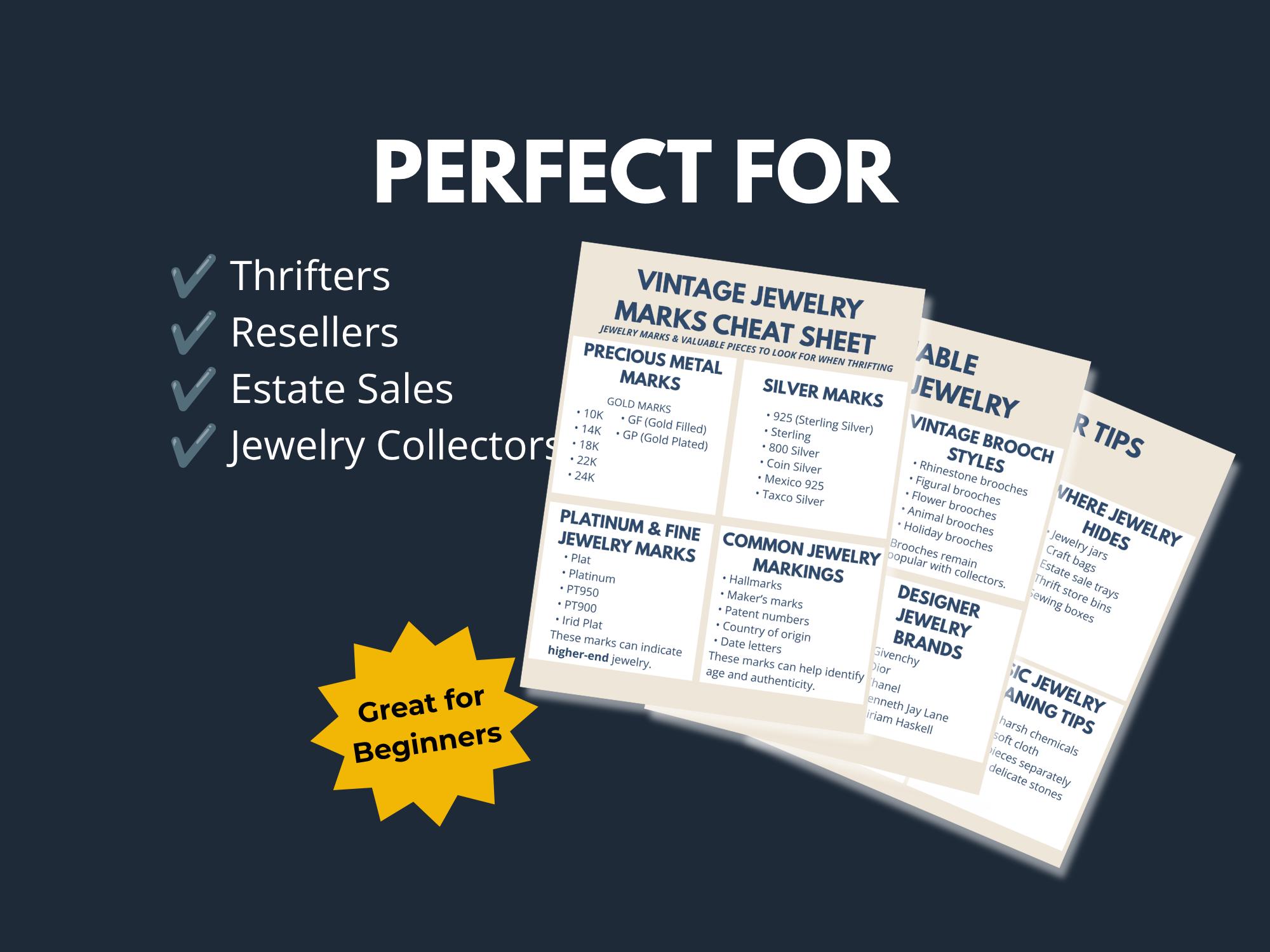 Vintage Jewelry Marks Cheat Sheet, Hallmark Guide, Sterling Silver Gold ...