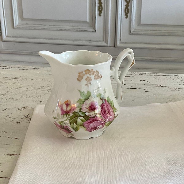 Vintage White Ceramic Creamer With Pink Shabby Chic Roses, Collectible Dish