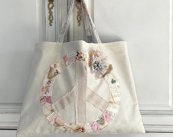 Peace Sign Patchwork Tote Bag: Boho Market Book Bag