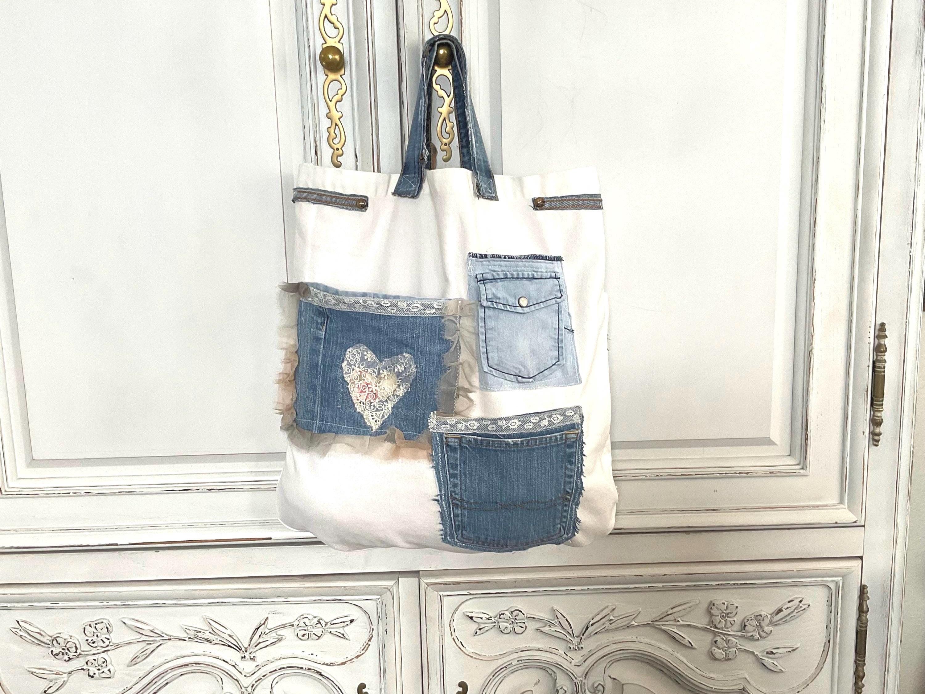 Faded Blue Denim Wearable Art Market Bag, Original Designs.