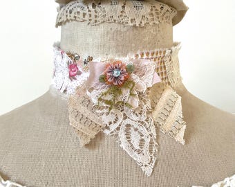 Art-to-Wear Handmade Fabric Necklace, Romantic Wearable Art Chocker Necklace