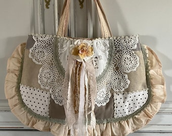 Bohemian Market Tote Bag: Neutral Fabric Collage, Ruffled Art-to-Wear Purse