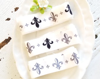 Hand-Torn Cotton Ribbon French Style White And Black Fleur-de-lis ribbon For Junk Journals, Slow Stitching Art