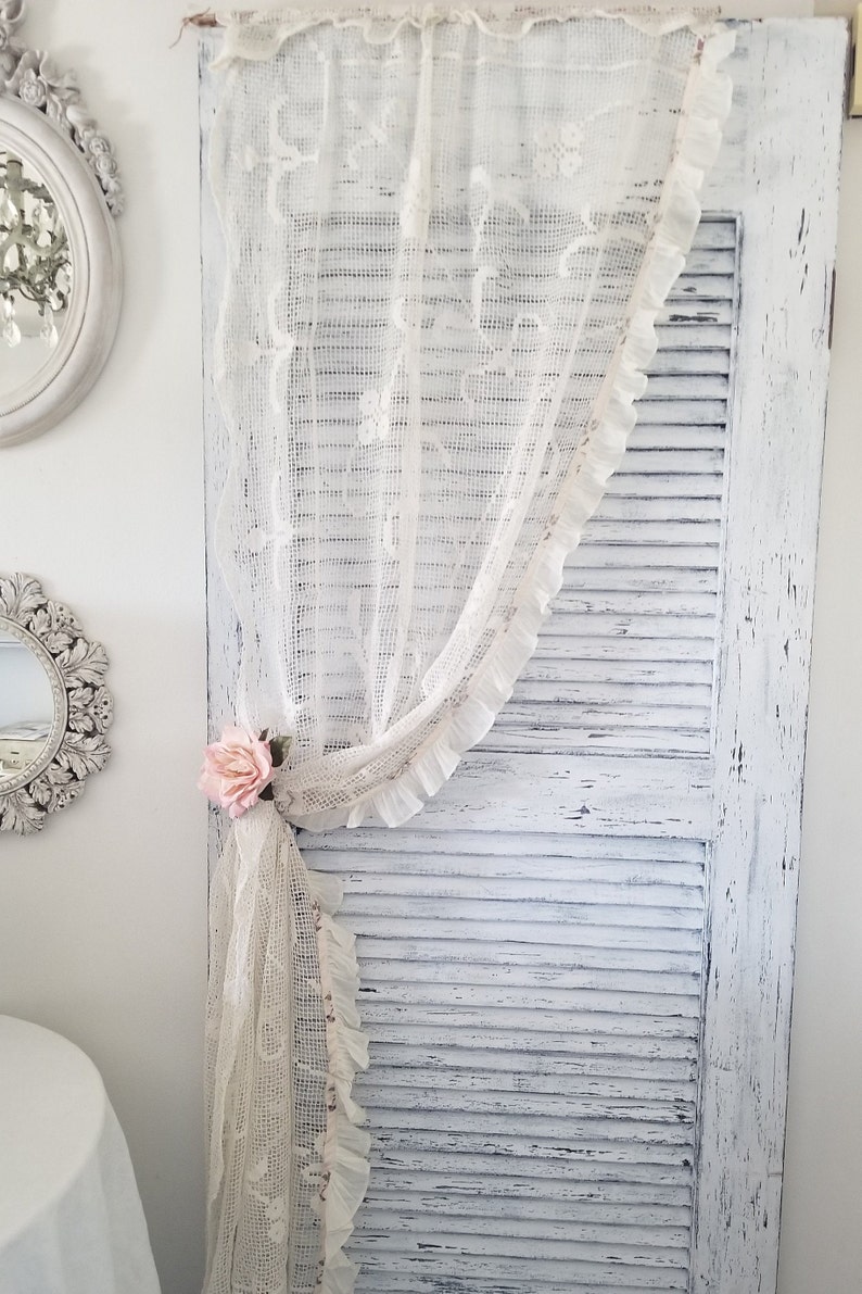 Lovely Vintage Ecru Lace Curtain Panel, Cream/Pearl shops Color, Upcycled Window Curtain, Shabby Chic Collected Home.
