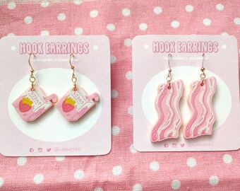 Strawberry Milk & Bacon Stainless Steel Hook Earrings