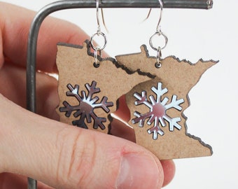 Minnesota Earrings with Acrylic Snowflake, Sky Blue Minnesota Snowflake Earrings, Wooden Minnesota Earrings, MN Earrings, Acrylic Earrings